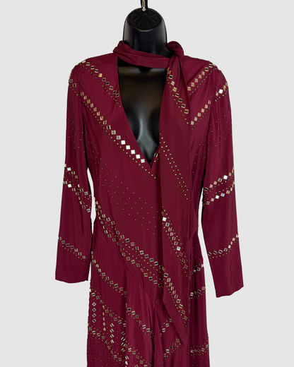 Tory Burch Silk Maroon Long Sleeve Wrap Dress w/ Mirror Beading NWT