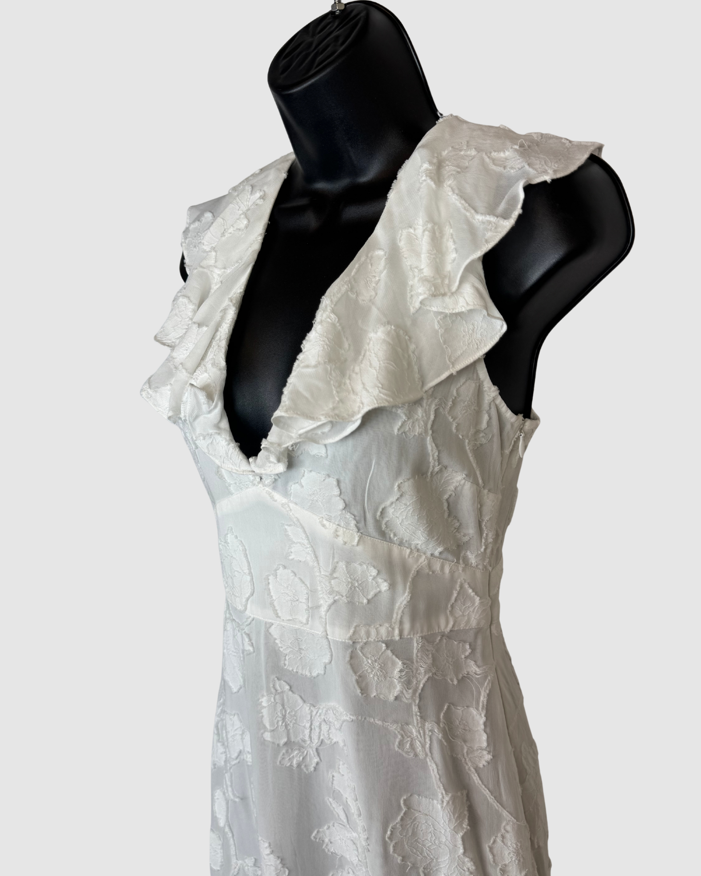 Joie White w Floral Texture Ruffle V-Neck Cap Sleeve Midi Dress w Tie Back