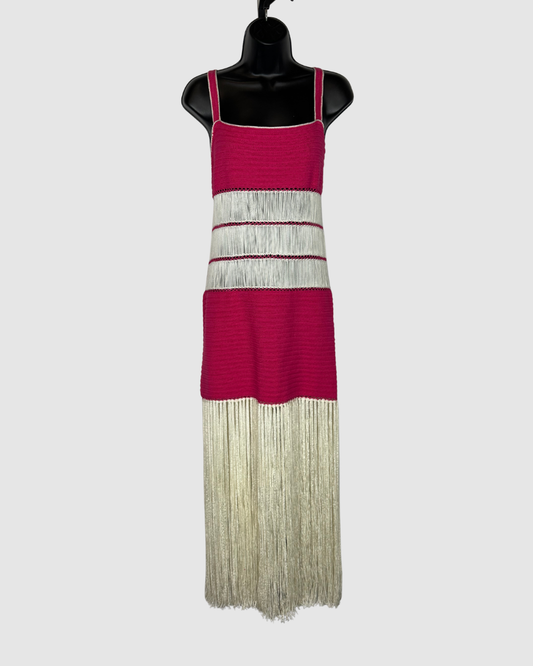 My Beachy Side Pink Woven White Fringe Stripe Sleeveless Maxi Dress