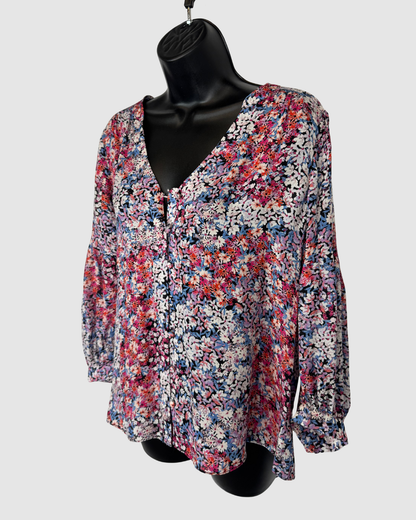 Parker Silk Pink Blue & White Mini Floral Print 3/4 Sleeve Button Down Blouse
