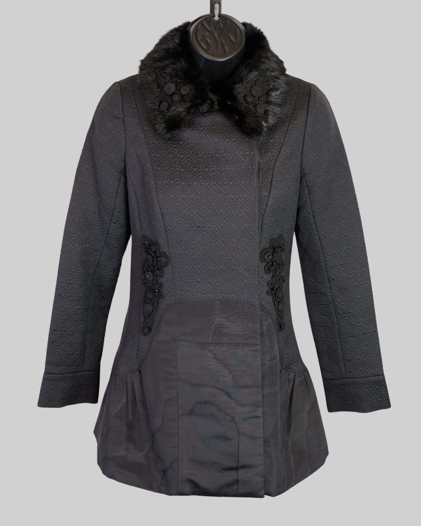 Louis Vuitton Black Monogram Textured Pattern Faux Fur Collar Button Up Coat