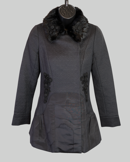 Louis Vuitton Black Monogram Textured Pattern Faux Fur Collar Button Up Coat