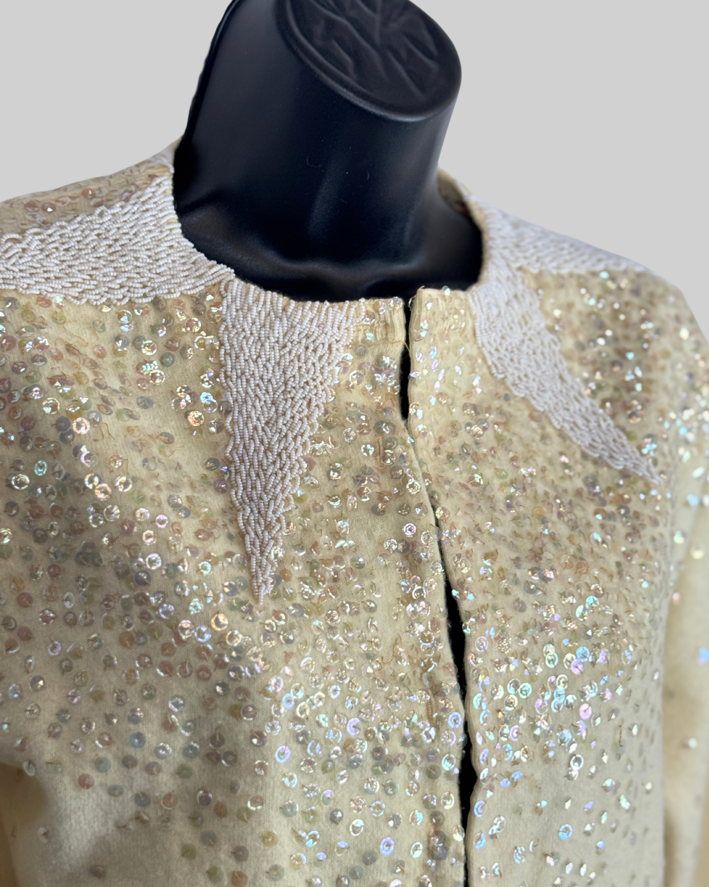 Devi's Cashmere Cream White Beaded  & Sequin Clasp Down Long Sleeve Cardigan Sweater