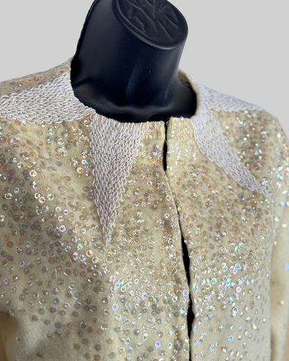 Devi's Cashmere Cream White Beaded  & Sequin Clasp Down Long Sleeve Cardigan Sweater