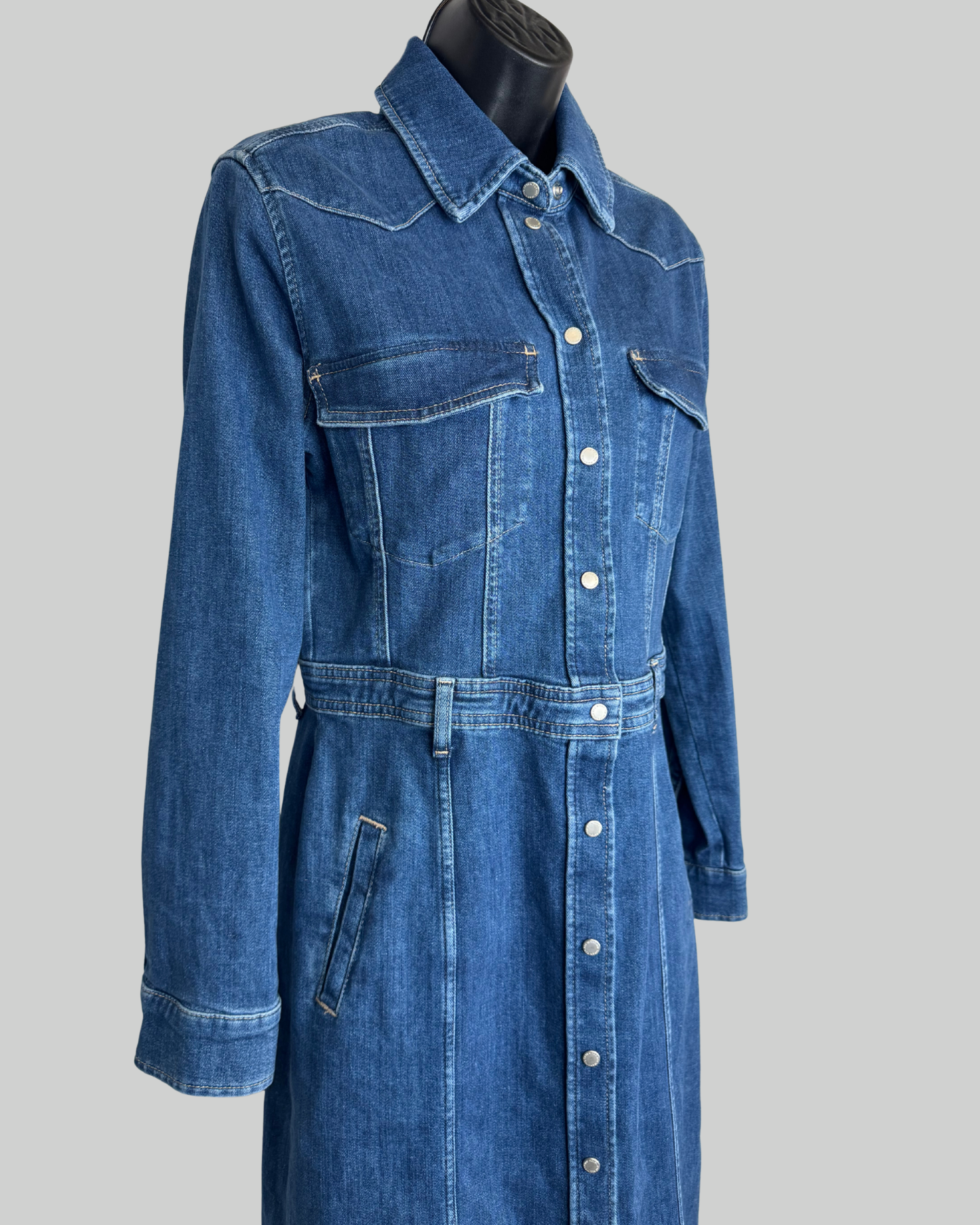 7 For All Mankind Dark Wash Denim Double Breasted Long Sleeve Button Midi Dress