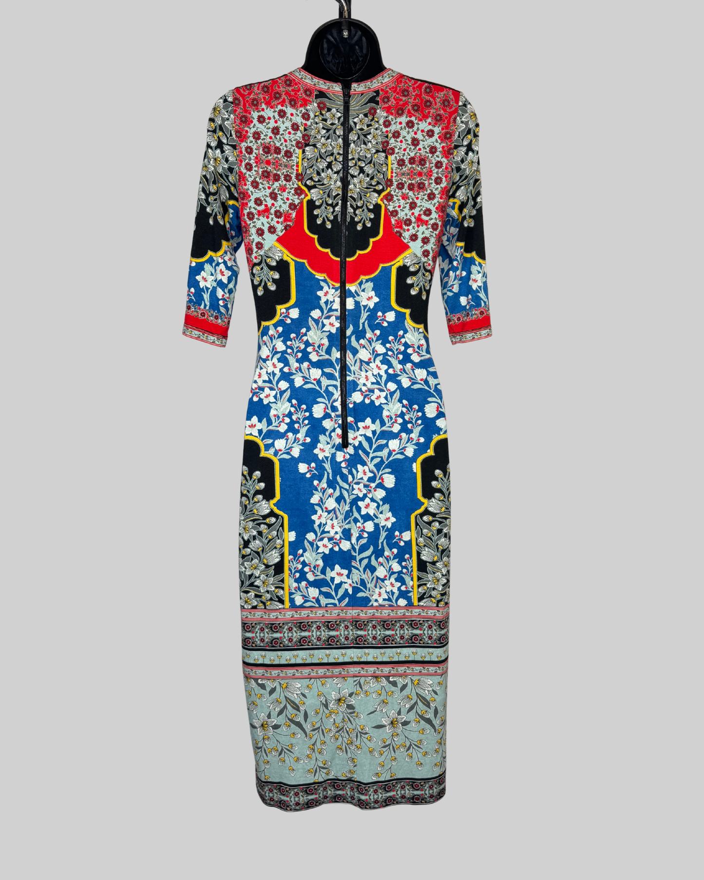 Alice + Olivia Multicolor Floral Brocade High-Neck 1/2 Sleeve Fitted Midi Dress