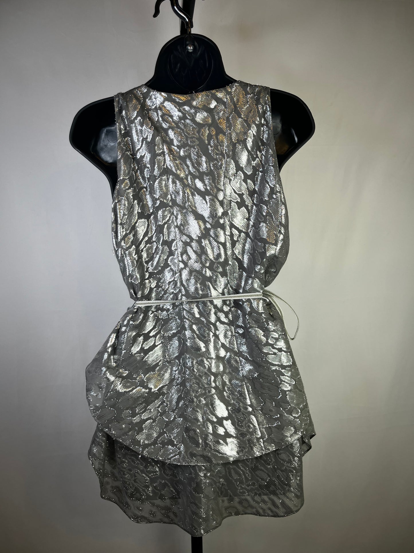 Etcetera Silk Grey & Silver Sleeveless Blouse w/ Waist Tie
