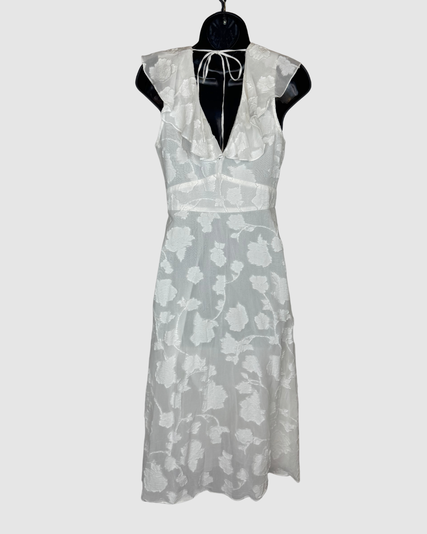 Joie White w Floral Texture Ruffle V-Neck Cap Sleeve Midi Dress w Tie Back