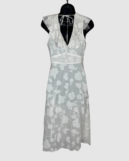 Joie White w Floral Texture Ruffle V-Neck Cap Sleeve Midi Dress w Tie Back