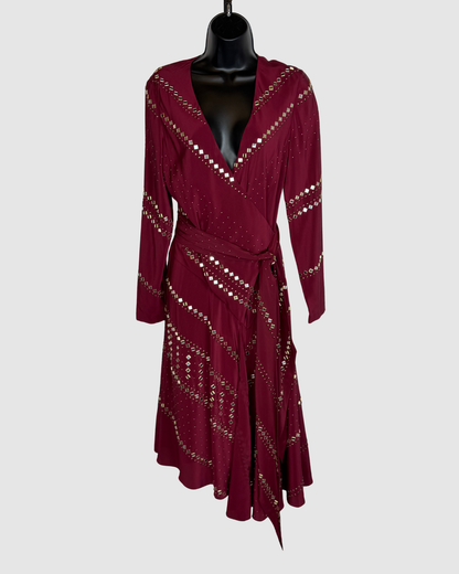 Tory Burch Silk Maroon Long Sleeve Wrap Dress w/ Mirror Beading NWT