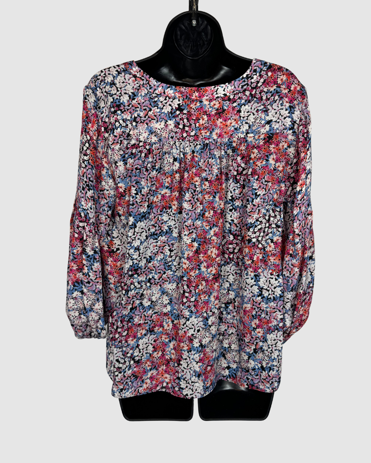 Parker Silk Pink Blue & White Mini Floral Print 3/4 Sleeve Button Down Blouse