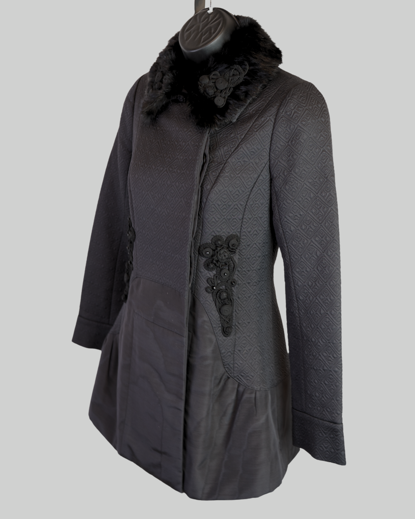 Louis Vuitton Black Monogram Textured Pattern Faux Fur Collar Button Up Coat