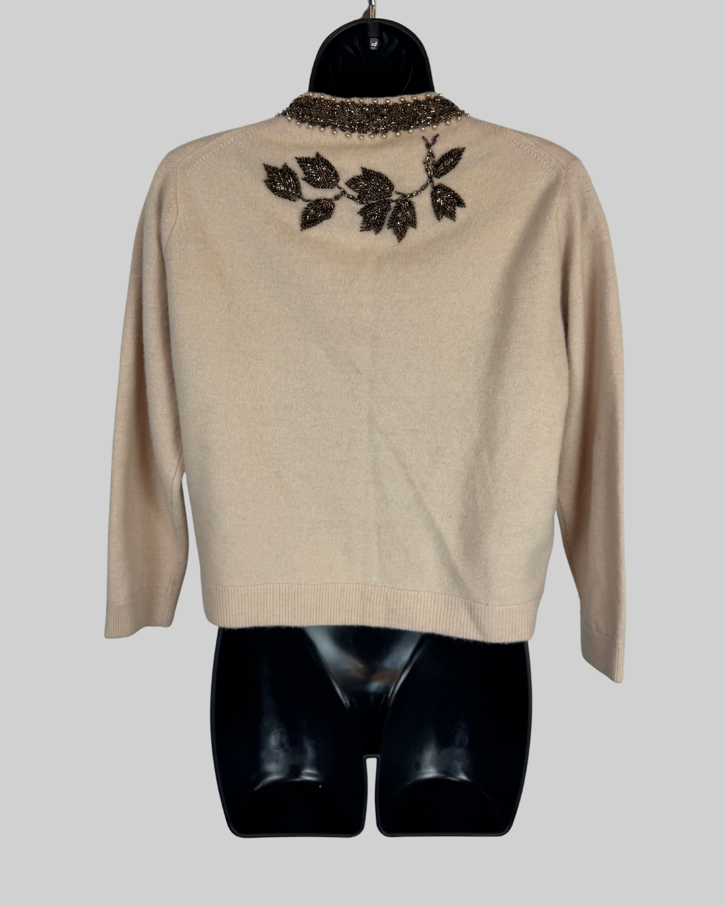 Monet Cashmere Tan Brown Beaded Clasp Down Long Sleeve Cardigan Sweater