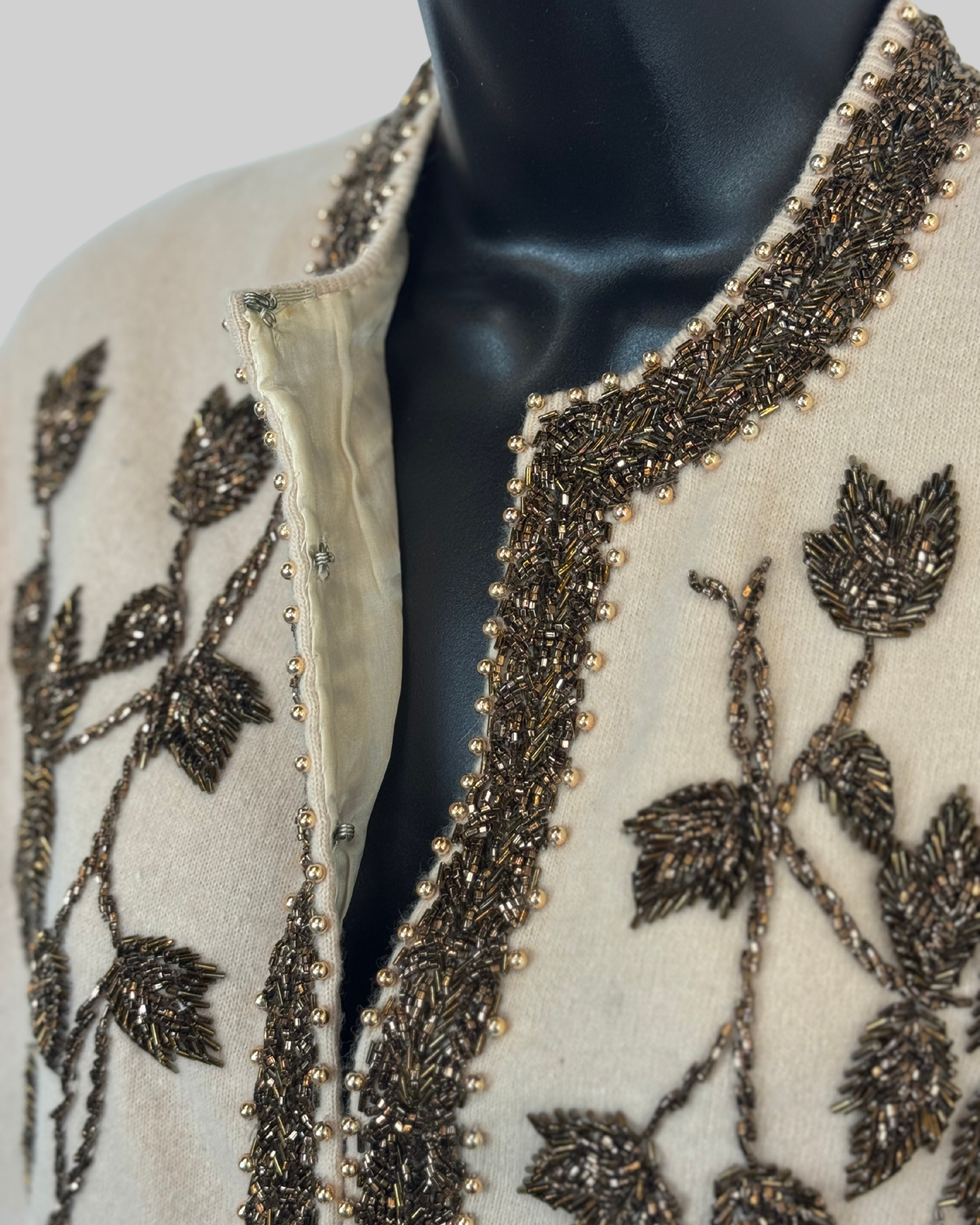 Monet Cashmere Tan Brown Beaded Clasp Down Long Sleeve Cardigan Sweater