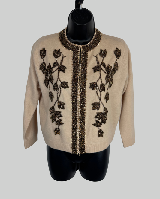 Monet Cashmere Tan Brown Beaded Clasp Down Long Sleeve Cardigan Sweater