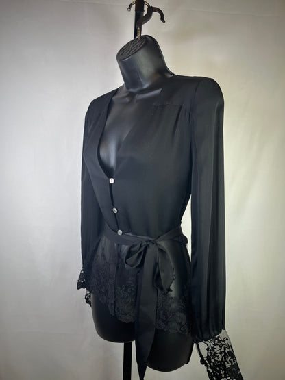 Andres Sarda Silk Black Lace Trim Crystal Button Long Sleeve Blouse w Waist Tie