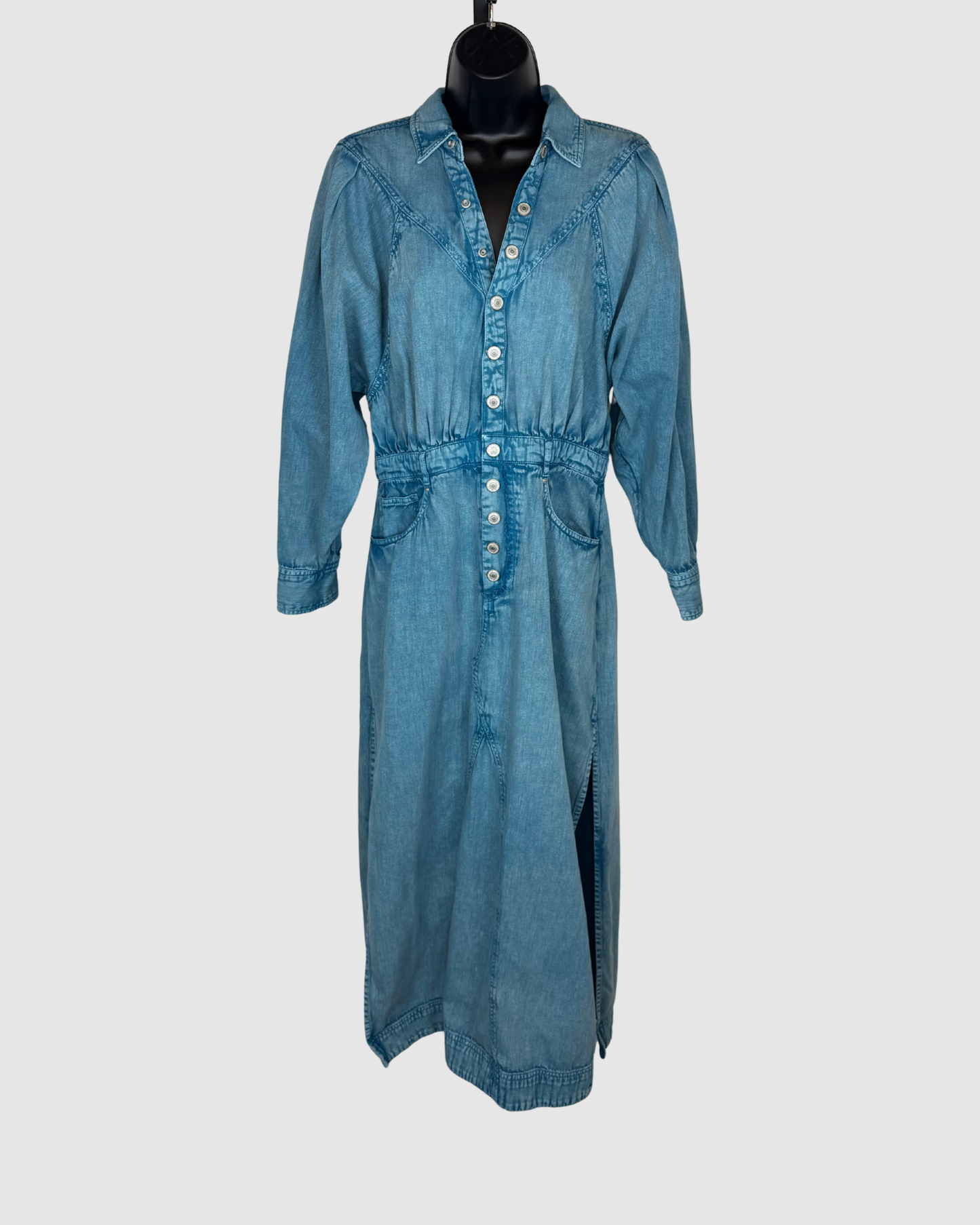 Free People Denim Light Wash Long Sleeve Cinched Waist Button Up Midi Dress