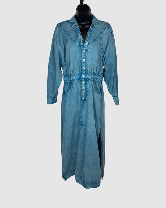 Free People Denim Light Wash Long Sleeve Cinched Waist Button Up Midi Dress