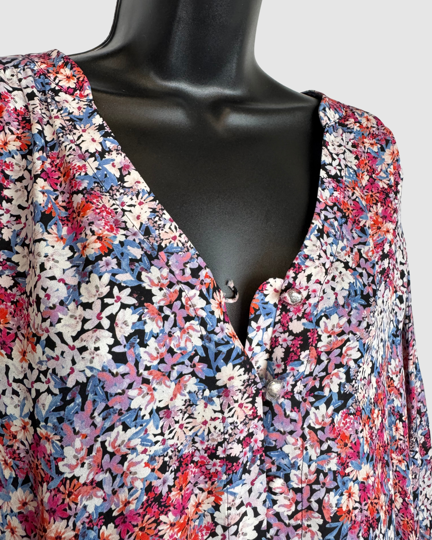 Parker Silk Pink Blue & White Mini Floral Print 3/4 Sleeve Button Down Blouse
