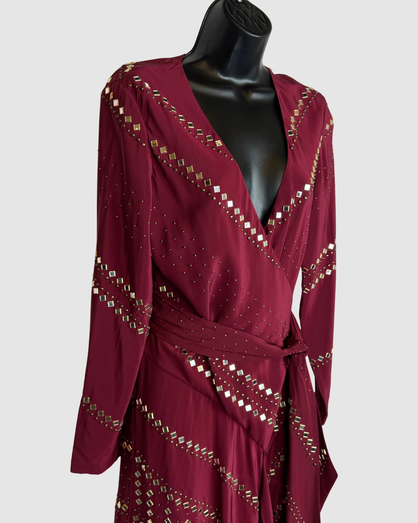 Tory Burch Silk Maroon Long Sleeve Wrap Dress w/ Mirror Beading NWT