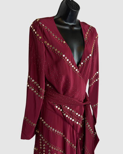 Tory Burch Silk Maroon Long Sleeve Wrap Dress w/ Mirror Beading NWT