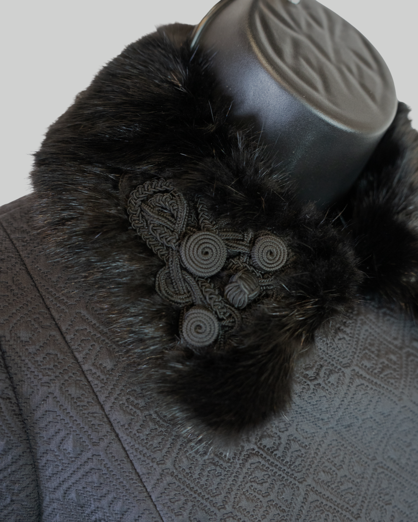 Louis Vuitton Black Monogram Textured Pattern Faux Fur Collar Button Up Coat