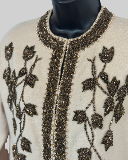 Monet Cashmere Tan Brown Beaded Clasp Down Long Sleeve Cardigan Sweater