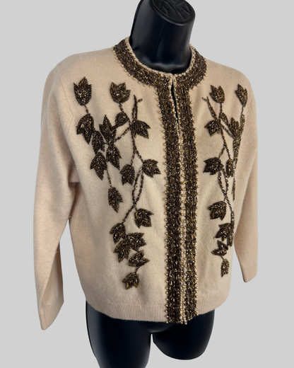 Monet Cashmere Tan Brown Beaded Clasp Down Long Sleeve Cardigan Sweater