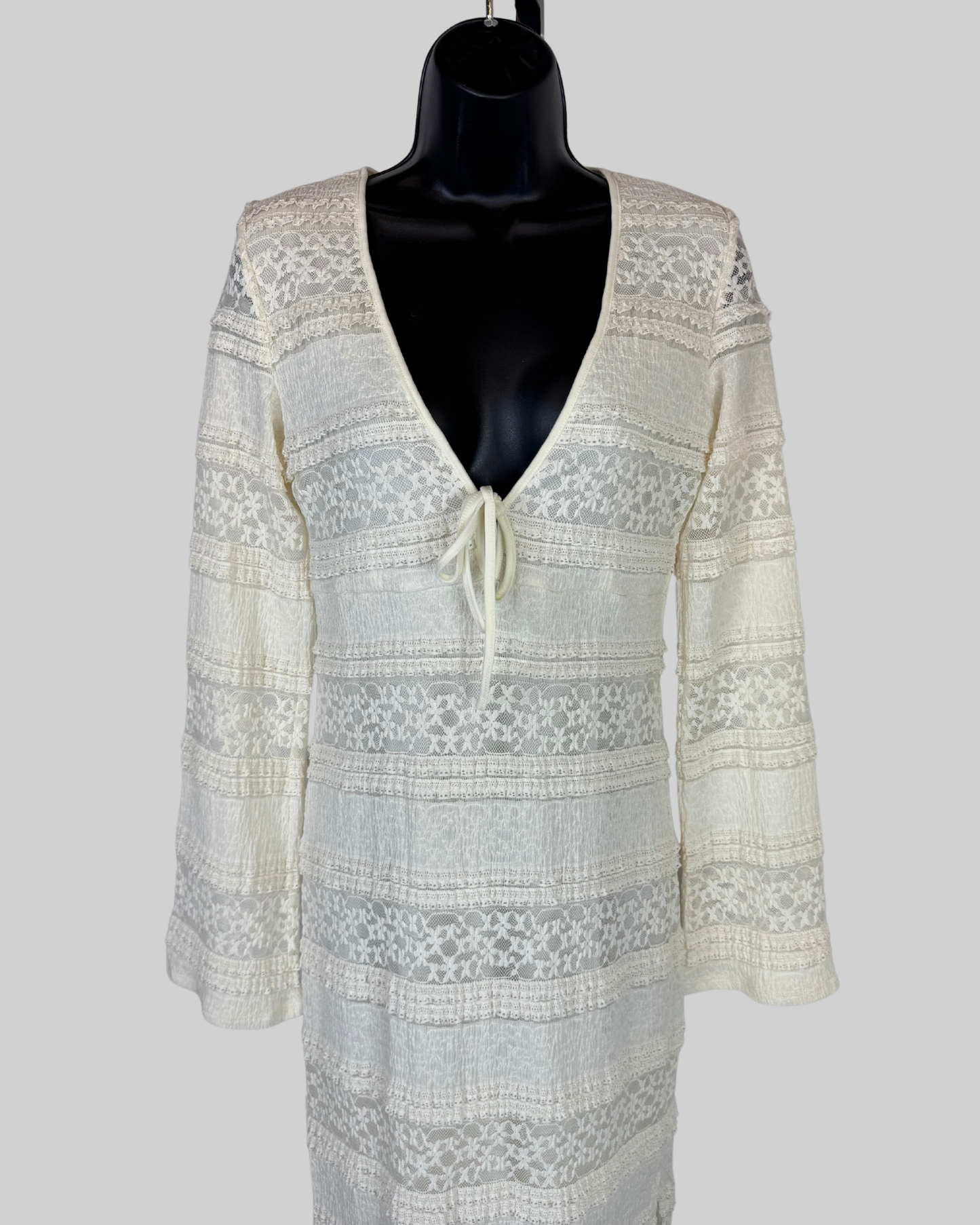 Sincerely Jules White Tiered Ruffle Lace V-Neck Long Bell Sleeve Maxi Dress