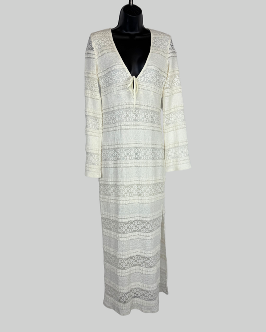 Sincerely Jules White Tiered Ruffle Lace V-Neck Long Bell Sleeve Maxi Dress