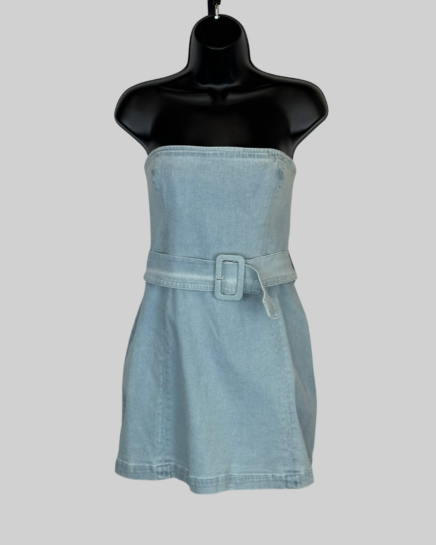 Amanda Uprichard Light Wash Denim Strapless Belted Mini Dress NWT