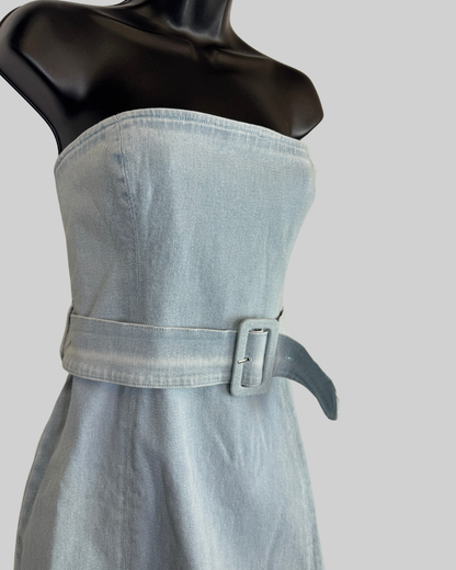 Amanda Uprichard Light Wash Denim Strapless Belted Mini Dress NWT