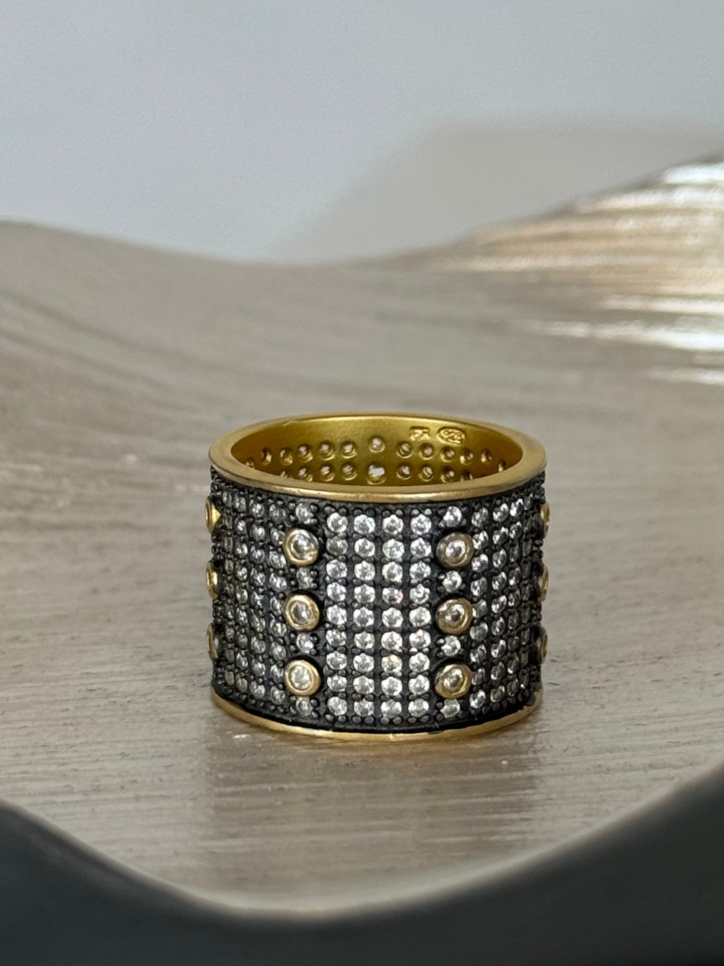 W BAG- Freida Rothman Sterling 14K Gold Plated Wide "Cigar Band" Ring