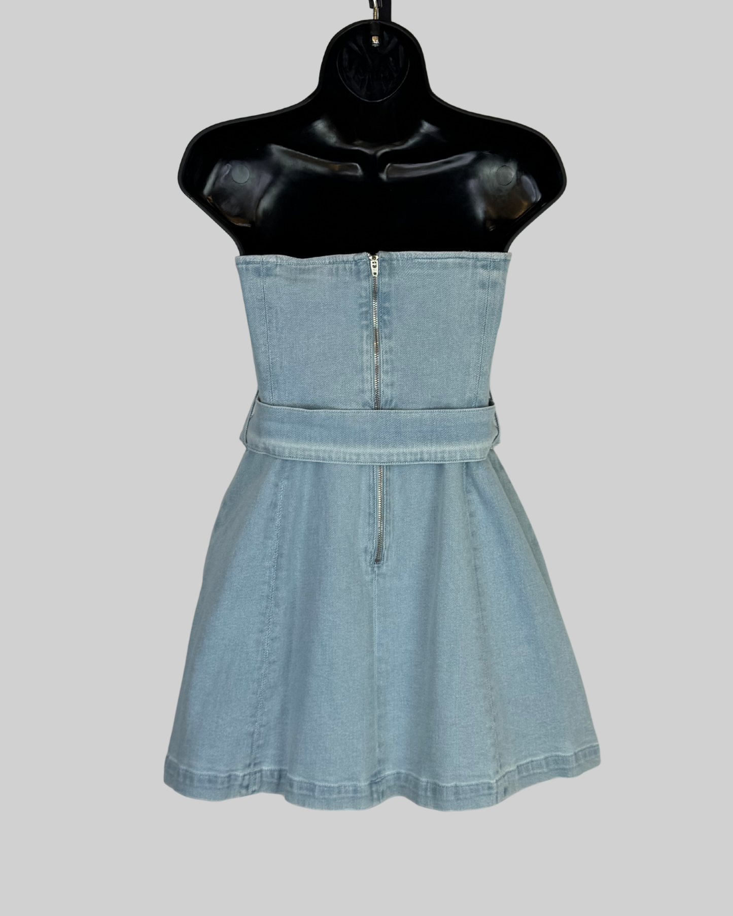Amanda Uprichard Light Wash Denim Strapless Belted Mini Dress NWT