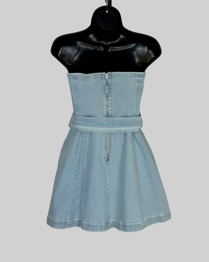 Amanda Uprichard Light Wash Denim Strapless Belted Mini Dress NWT