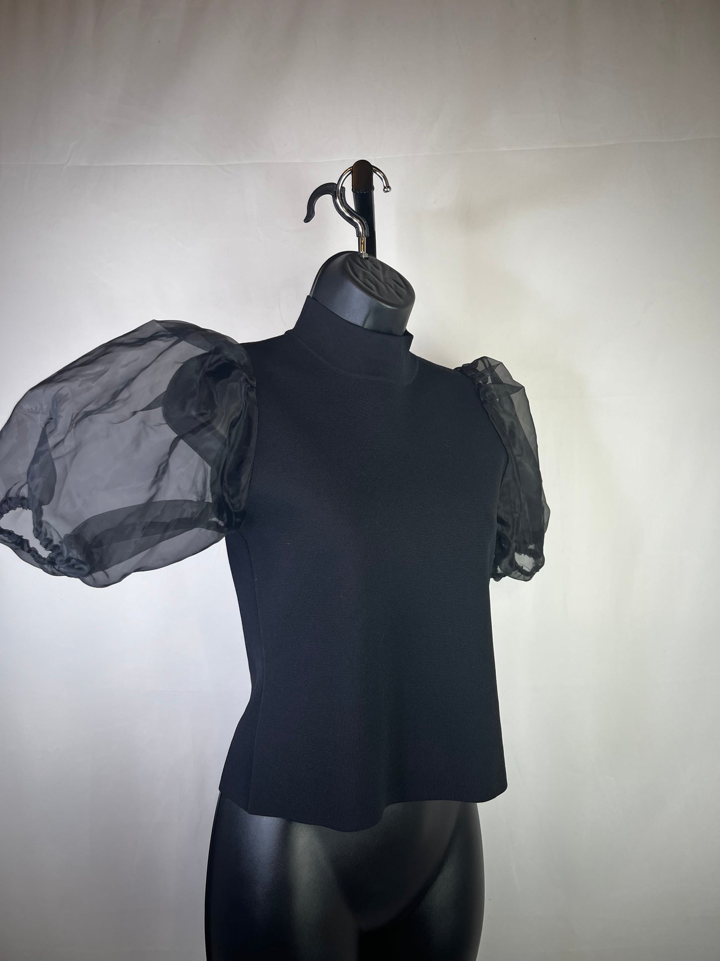 House of Harlow Black Knit Short Puff Sheer Sleeve Turtleneck Top