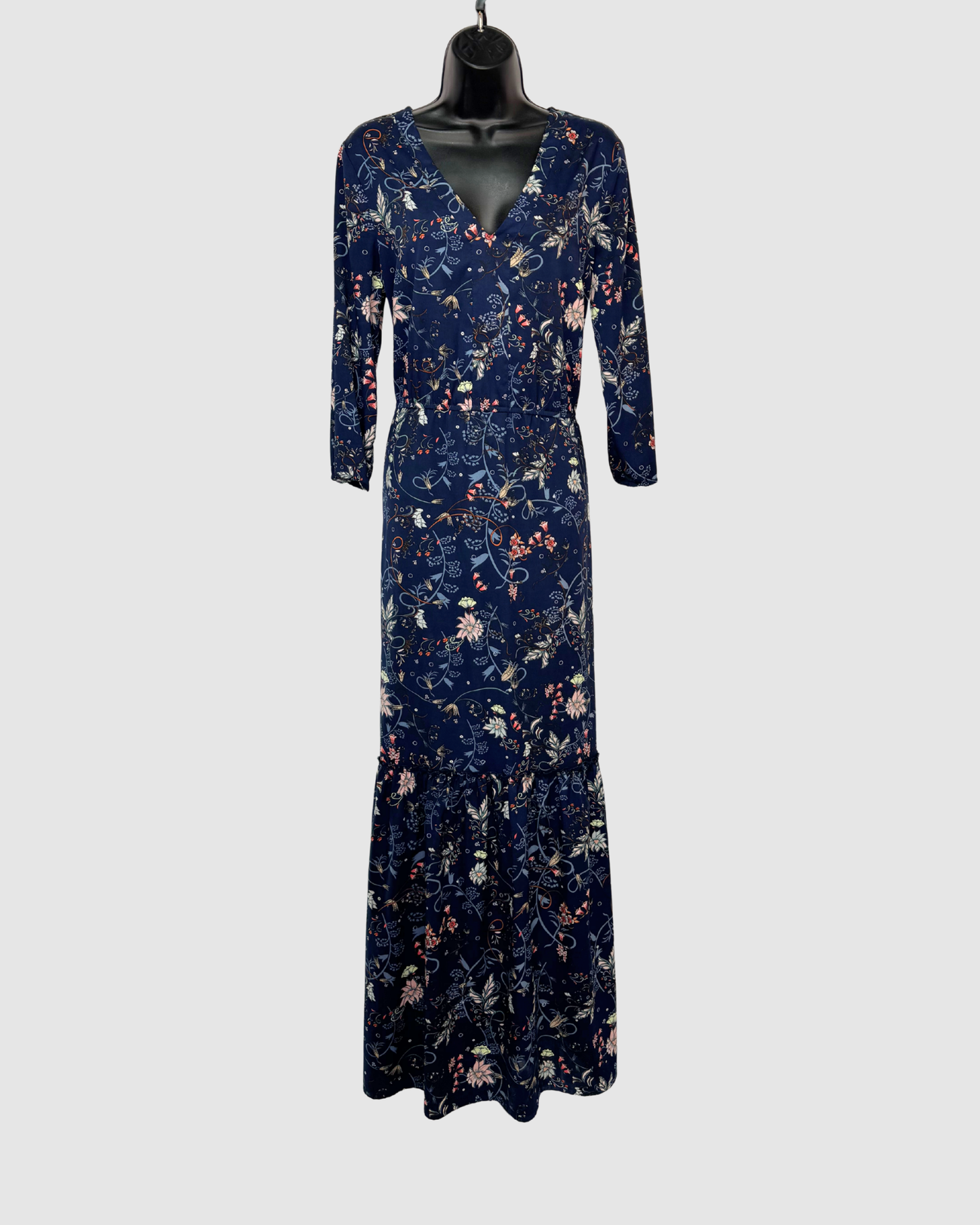 Vero Moda Blue Floral Print V-Neck 3/4 Sleeve Maxi Dress