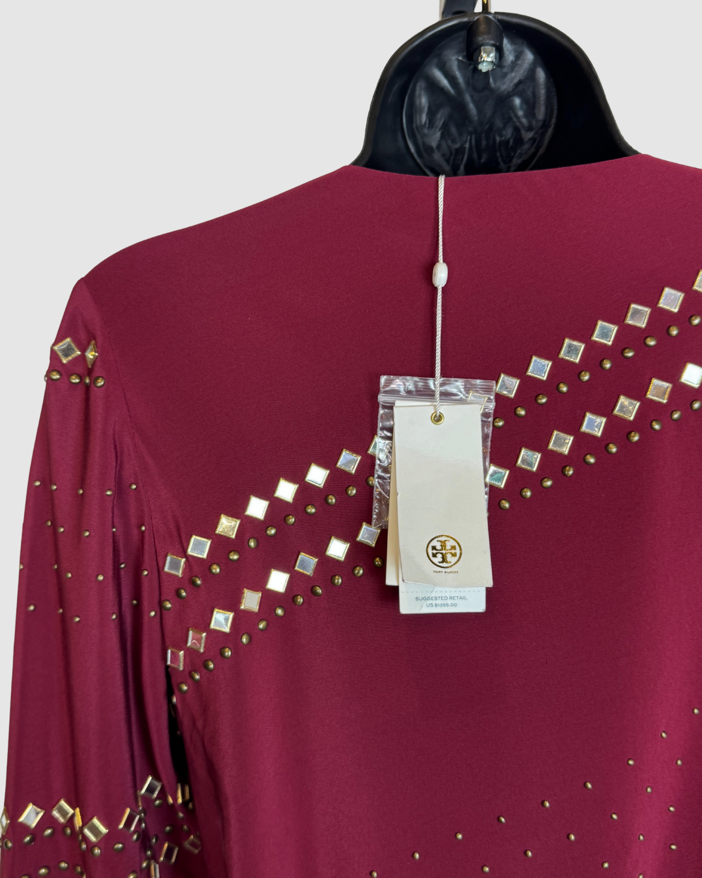 Tory Burch Silk Maroon Long Sleeve Wrap Dress w/ Mirror Beading NWT