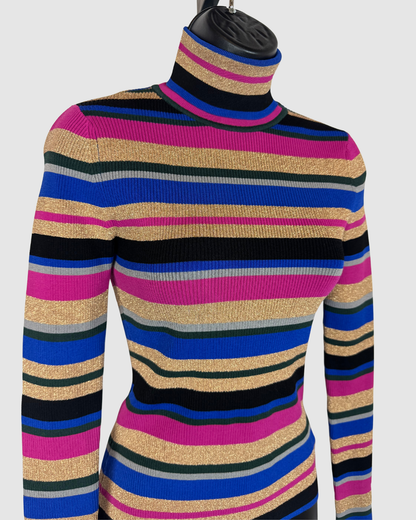 L'agence Multicolor Gold Stripe Turtleneck Long Sleeve Sweater
