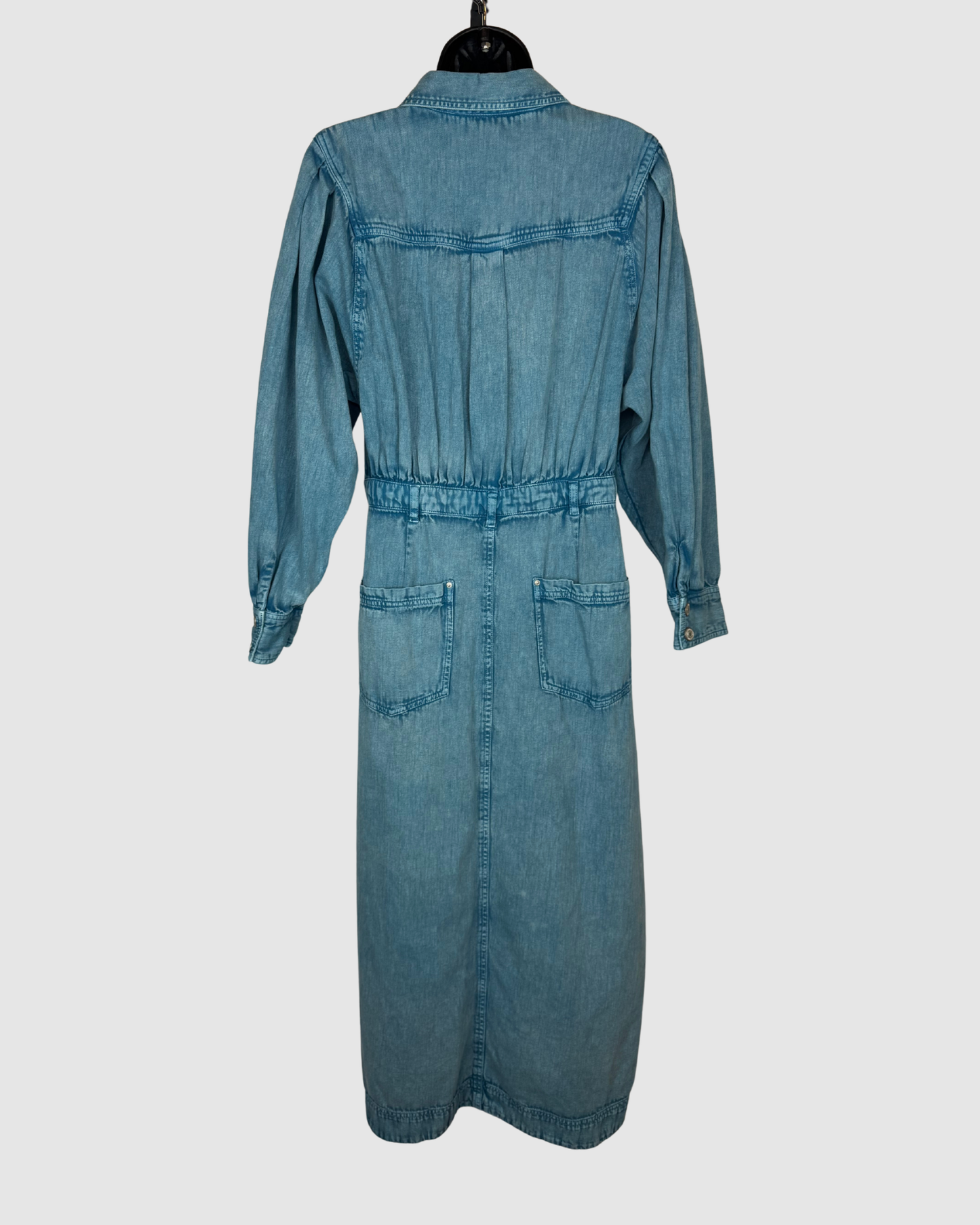 Free People Denim Light Wash Long Sleeve Cinched Waist Button Up Midi Dress