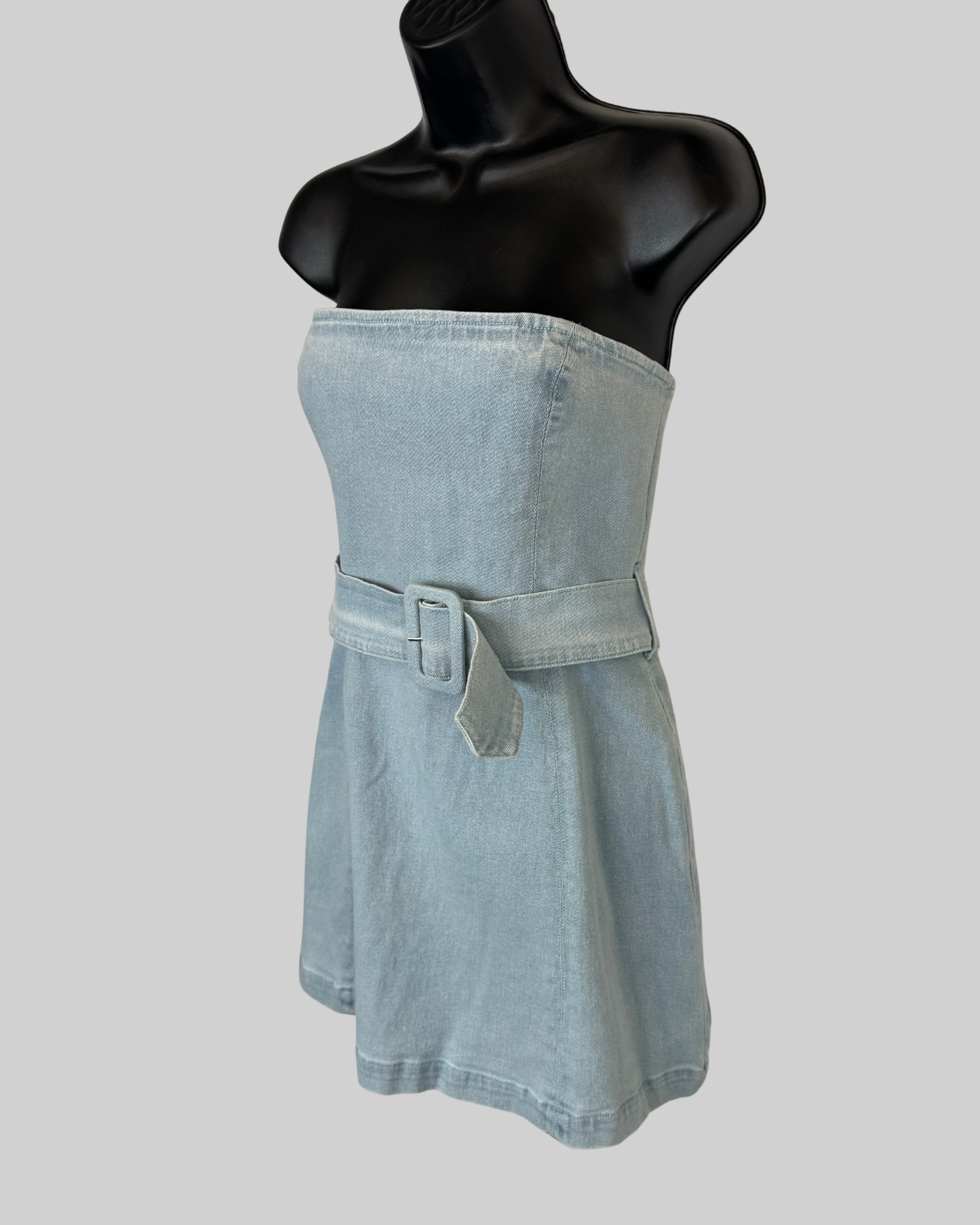 Amanda Uprichard Light Wash Denim Strapless Belted Mini Dress NWT