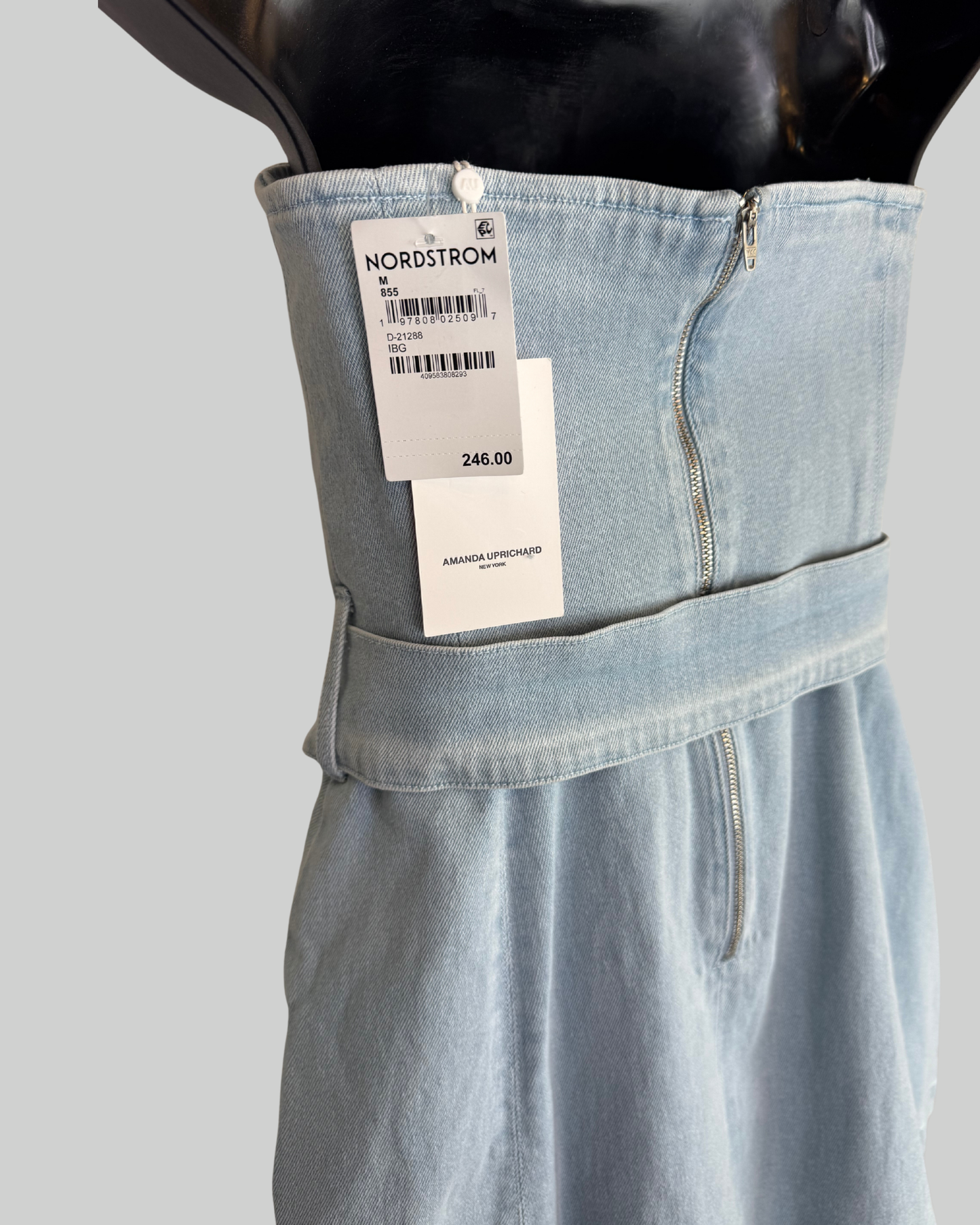 Amanda Uprichard Light Wash Denim Strapless Belted Mini Dress NWT