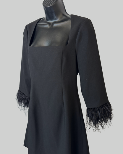 Likely Black Square Neck Long Sleeve w Feather Cuffs Mini Dress NWT