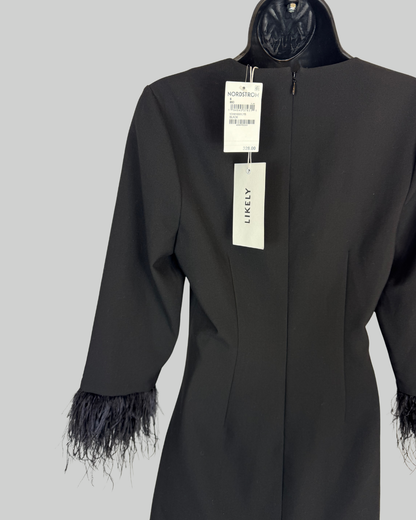 Likely Black Square Neck Long Sleeve w Feather Cuffs Mini Dress NWT