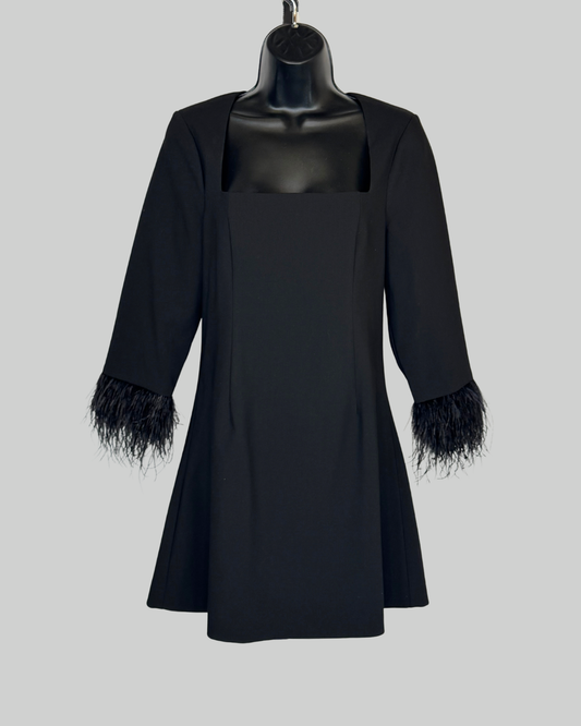 Likely Black Square Neck Long Sleeve w Feather Cuffs Mini Dress NWT