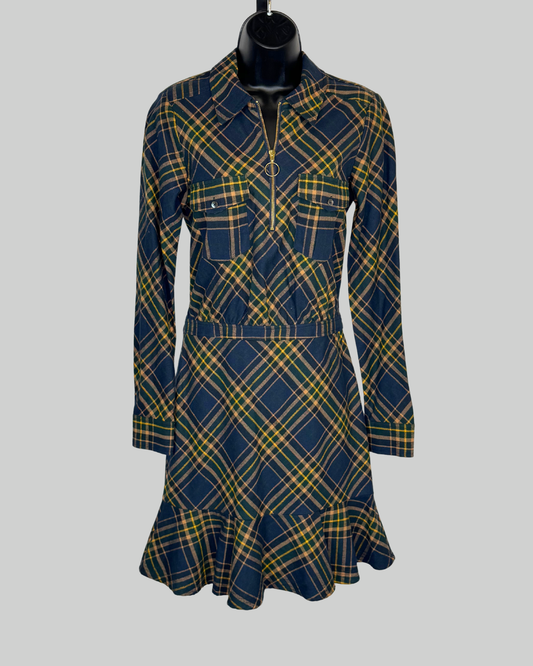 Veronica Beard Navy Orange Plaid 1/2 Zip Long Sleeve Knee-Length Dress NWT