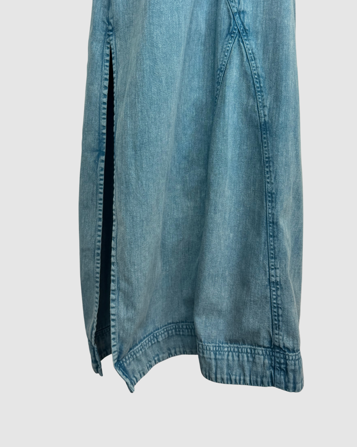 Free People Denim Light Wash Long Sleeve Cinched Waist Button Up Midi Dress