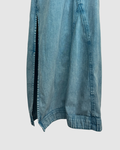 Free People Denim Light Wash Long Sleeve Cinched Waist Button Up Midi Dress