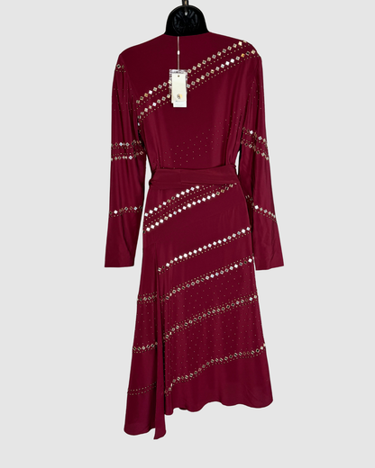 Tory Burch Silk Maroon Long Sleeve Wrap Dress w/ Mirror Beading NWT