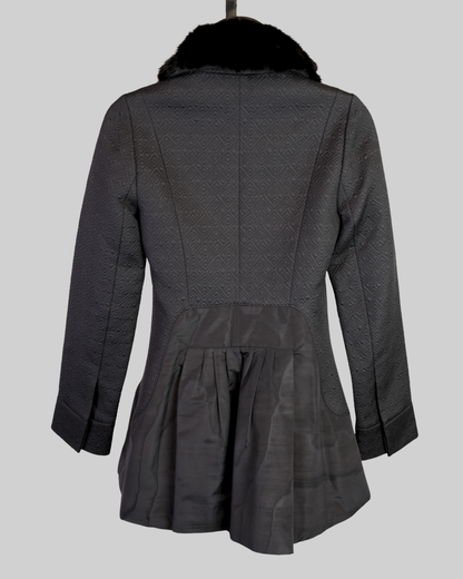 Louis Vuitton Black Monogram Textured Pattern Faux Fur Collar Button Up Coat